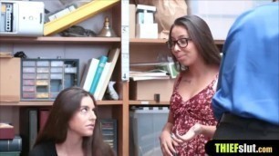 A geeky shoplifter chick and her friend got fucked hard